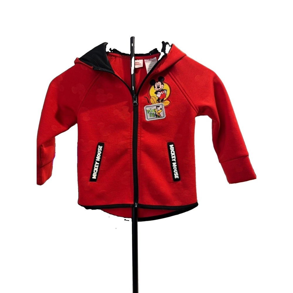 Disney Junior Mickey Mouse & Pluto Red Hooded Full Zip Fleece Jacket Boys 3T
